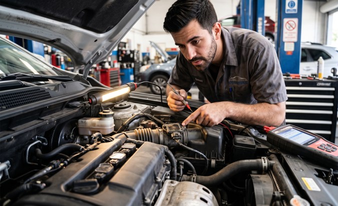 Mecánico revisa el motor de un carro en el taller para detectar vibraciones, fallas de ignición o problemas de admisión.