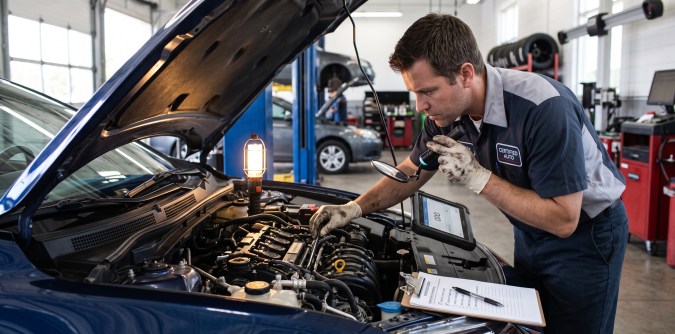 Mecánico inspecciona el motor de un auto usado durante una revisión precompra en un taller automotriz.