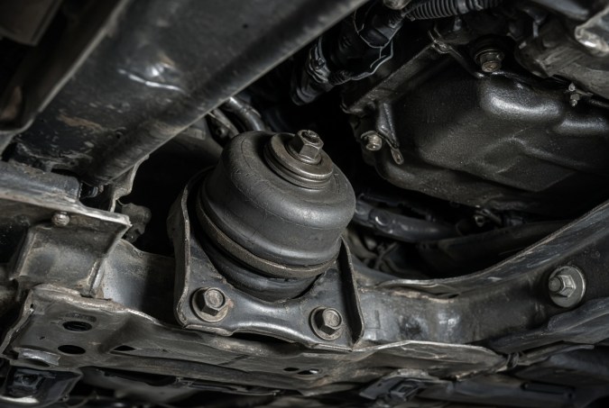 Soporte de motor dañado bajo el chasis del carro, posible causa de vibración fuerte al poner la transmisión en Drive.