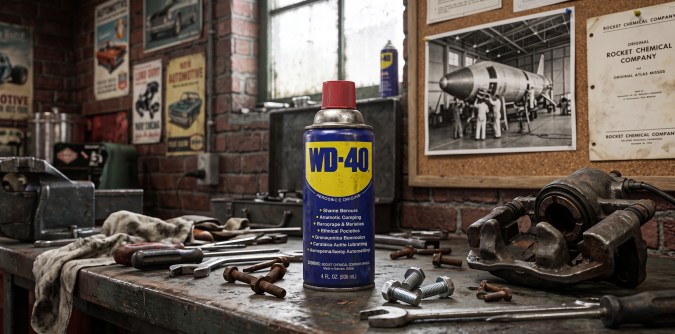 Aerosol WD-40 sobre banco de trabajo en taller mecánico, rodeado de herramientas, piezas automotrices y carteles vintage.