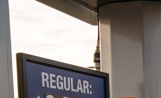 Venta de gasolina en Estados Unidos con precios visibles y conductor repostando un automóvil azul.