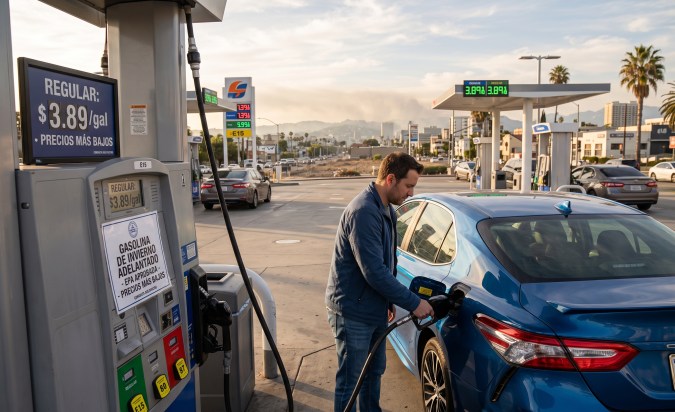 Venta de gasolina en Estados Unidos con precios visibles y conductor repostando un automóvil azul.
