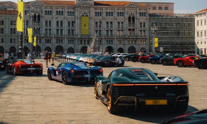 Exclusiva exhibición de múltiples autos deportivos Ferrari de diferentes colores estacionados en una plaza histórica frente a un imponente edificio monumental en Italia.