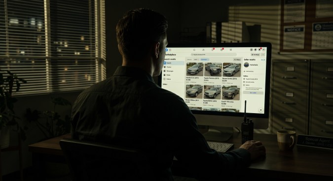Agente de ICE revisa anuncios de autos usados en Facebook Marketplace desde su computadora de oficina.