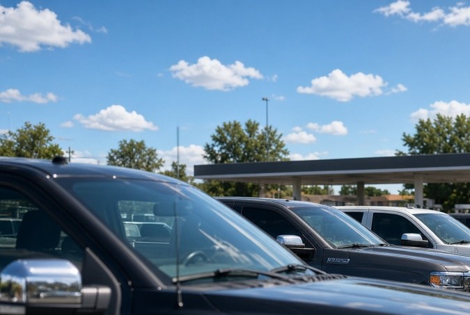Camionetas pickup nuevas en un concesionario de Estados Unidos con bandera americana y conductores caminando hacia los vehículos.
