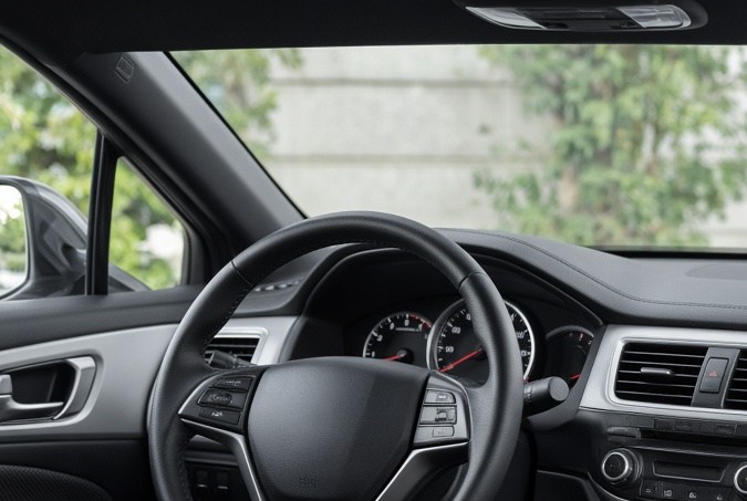Interior de auto limpio tras cambio de airbags con volante y tablero intactos.