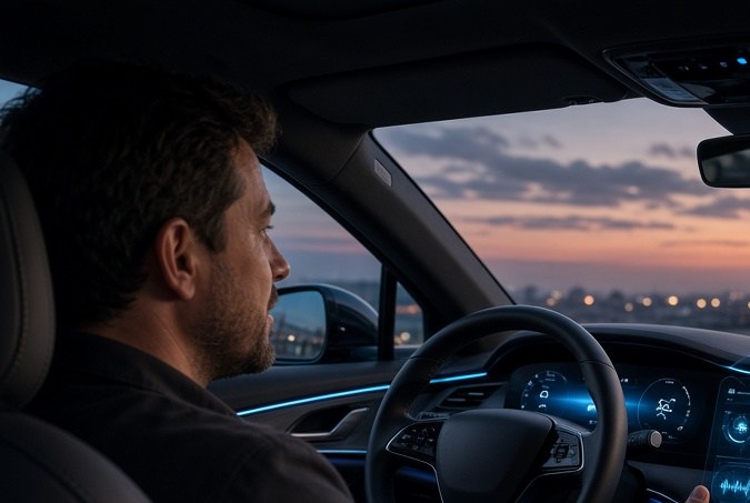 Conductor utiliza un sistema de inteligencia artificial integrado en el tablero digital de un automóvil durante la noche.