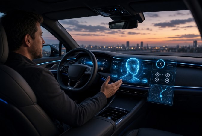 Conductor utiliza un sistema de inteligencia artificial integrado en el tablero digital de un automóvil durante la noche.