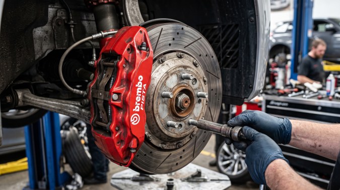 Mecánico realiza mantenimiento del sistema de frenos con disco ventilado y pinza Brembo roja.