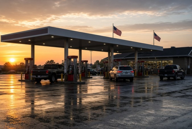 Estación de servicio en Estados Unidos al atardecer con banderas, camionetas y surtidores de gasolina sobre asfalto mojado.