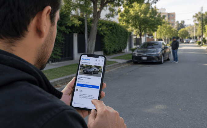 Hombre negocia Toyota Corolla 2020 en Facebook Marketplace mientras ve el auto en la calle.