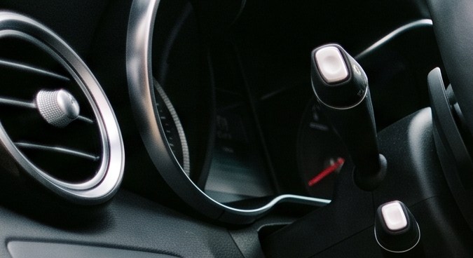 Jabón en barra de lavanda colocado sobre el asiento del piloto de un auto de lujo con interior de cuero negro.