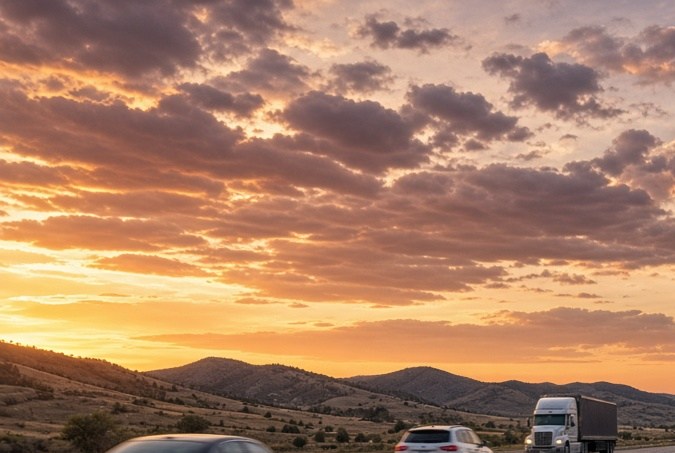 Señal verde de límite de velocidad 80 mph en carretera al atardecer con tráfico fluido.