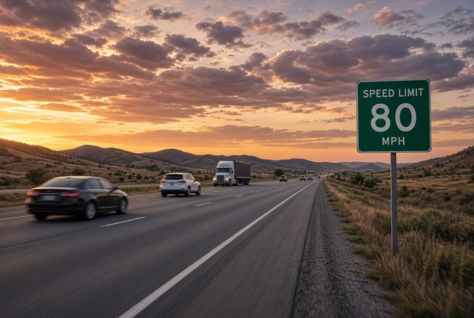 Señal verde de límite de velocidad 80 mph en carretera al atardecer con tráfico fluido.