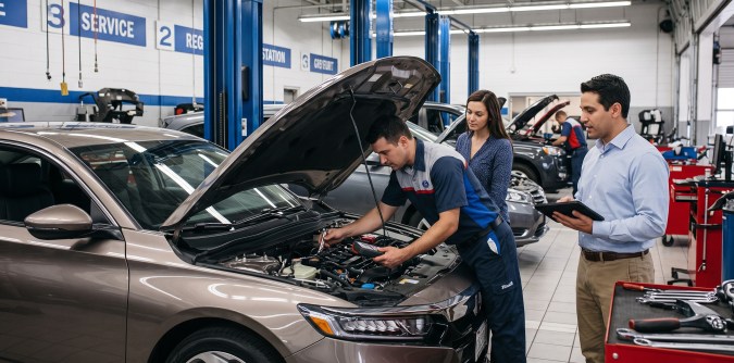 Mecánico revisando el motor de un sedán en un taller de servicio mientras explica el diagnóstico a los clientes.