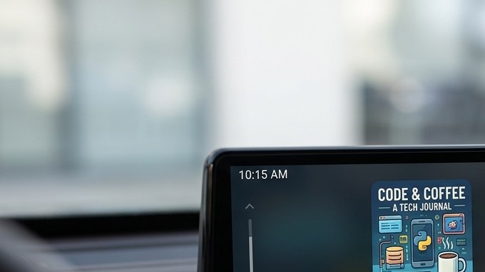 Pantalla de Android Auto reproduce un podcast desde el sistema multimedia de un automóvil moderno.