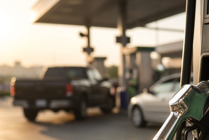 Surtidor de gasolina en primer plano con pistola cromada y manguera en una estación de servicio estadounidense.