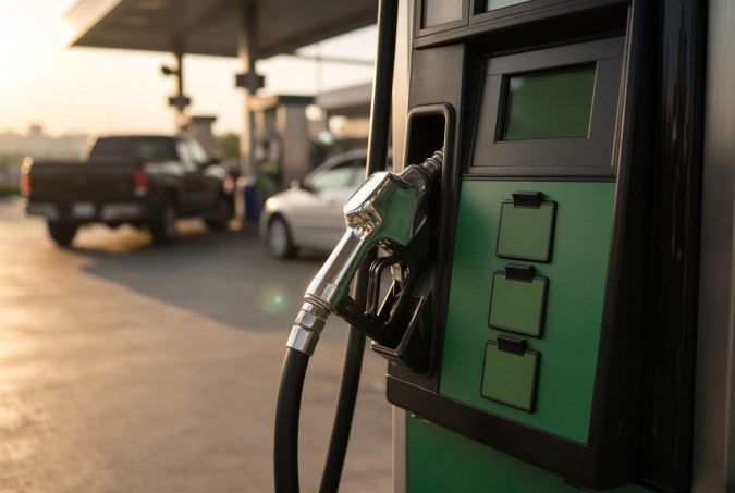 Surtidor de gasolina en primer plano con pistola cromada y manguera en una estación de servicio estadounidense.