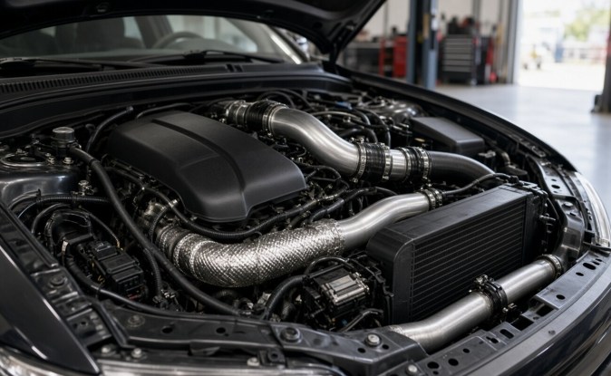 Motor de alto rendimiento abierto en un taller de tuning.