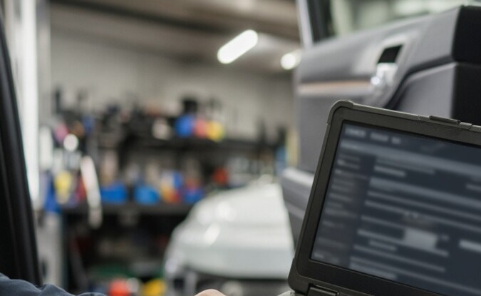 Técnico reprograma la ECU de un auto en el taller.