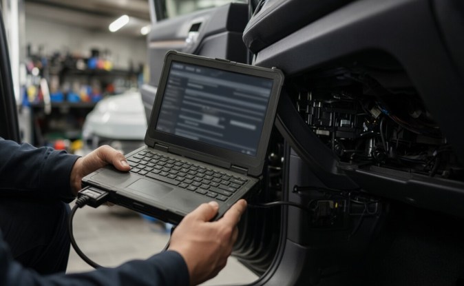 Técnico reprograma la ECU de un auto en el taller.