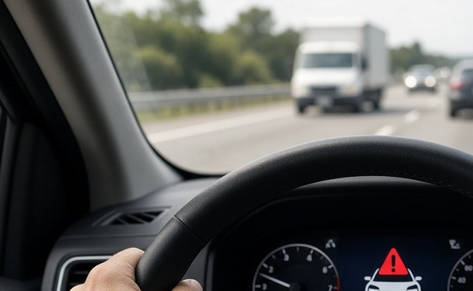 Conductor con ambas manos al volante mientras el tablero muestra una alerta roja de colisión frontal en autopista.