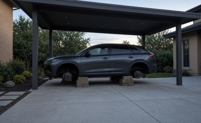 SUV gris sin ruedas apoyado sobre bloques de concreto en una cochera.