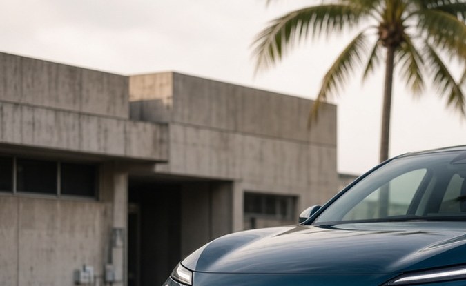 SUV eléctrico azul oscuro sin marcas estacionado entre palmeras y edificios de concreto.