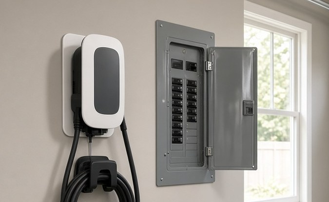 Garaje con un cargador de pared y un panel de breakers, junto a la parte trasera de una camioneta.