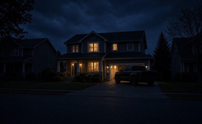 Casa con las ventanas iluminadas por la noche entre vecinos a oscuras, con una camioneta eléctrica en la entrada.