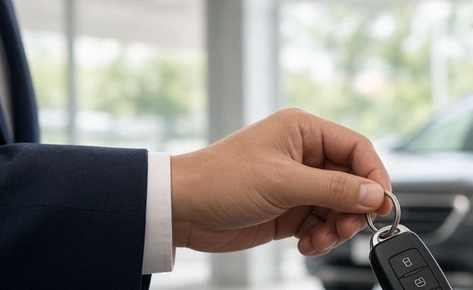 Un cliente entrega la llave de un auto a un empleado del concesionario, con una SUV gris al fondo