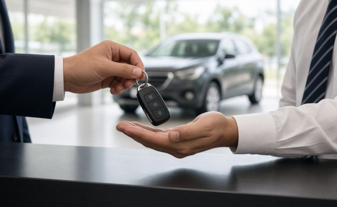 Un cliente entrega la llave de un auto a un empleado del concesionario, con una SUV gris al fondo