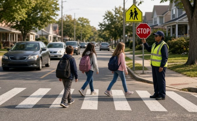 Niños con mochilas cruzan un paso de peatones mientras una guardia escolar sostiene una señal de alto