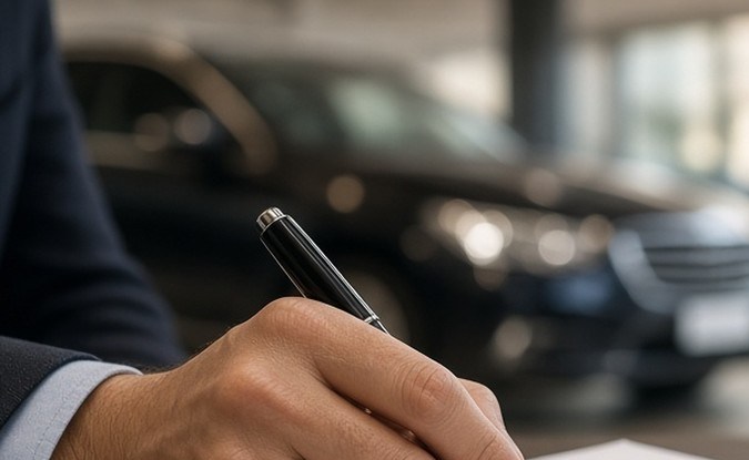 Cliente firma el contrato de compra de un auto mientras el vendedor señala la línea de firma