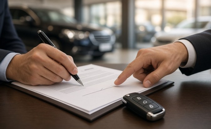 Cliente firma el contrato de compra de un auto mientras el vendedor señala la línea de firma