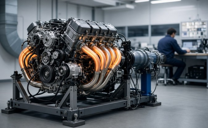 Motor V8 de carreras con escapes al rojo montado en un banco de pruebas, con un técnico al fondo.