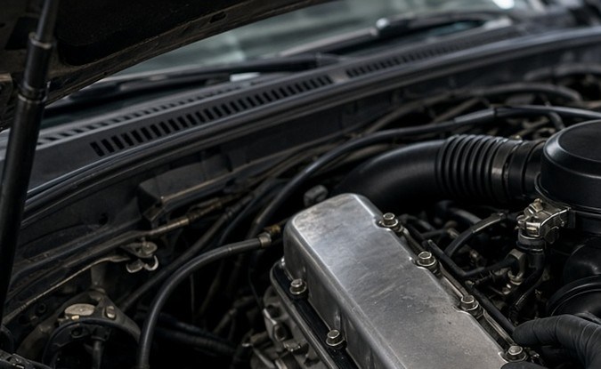 Mecánico con guante negro revisa un motor V8 de gasolina en el compartimento abierto de un vehículo.