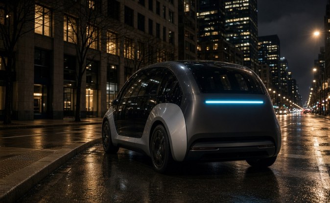 Robotaxi sin conductor estacionado de noche en una calle mojada, con una franja de luz cian atrás.