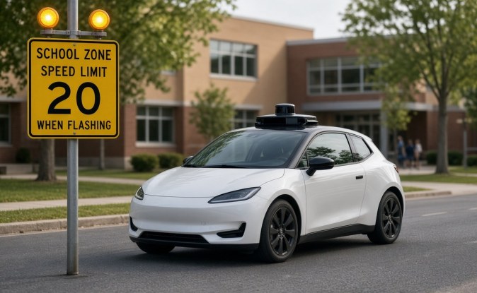 Auto autónomo blanco con sensor en el techo junto a una señal de velocidad de zona escolar