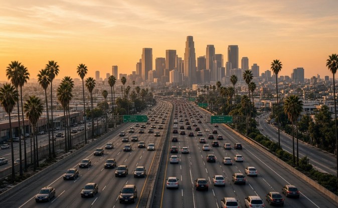 Autos circulando por una autopista de varios carriles en Los Ángeles al atardecer con los rascacielos del centro al fondo